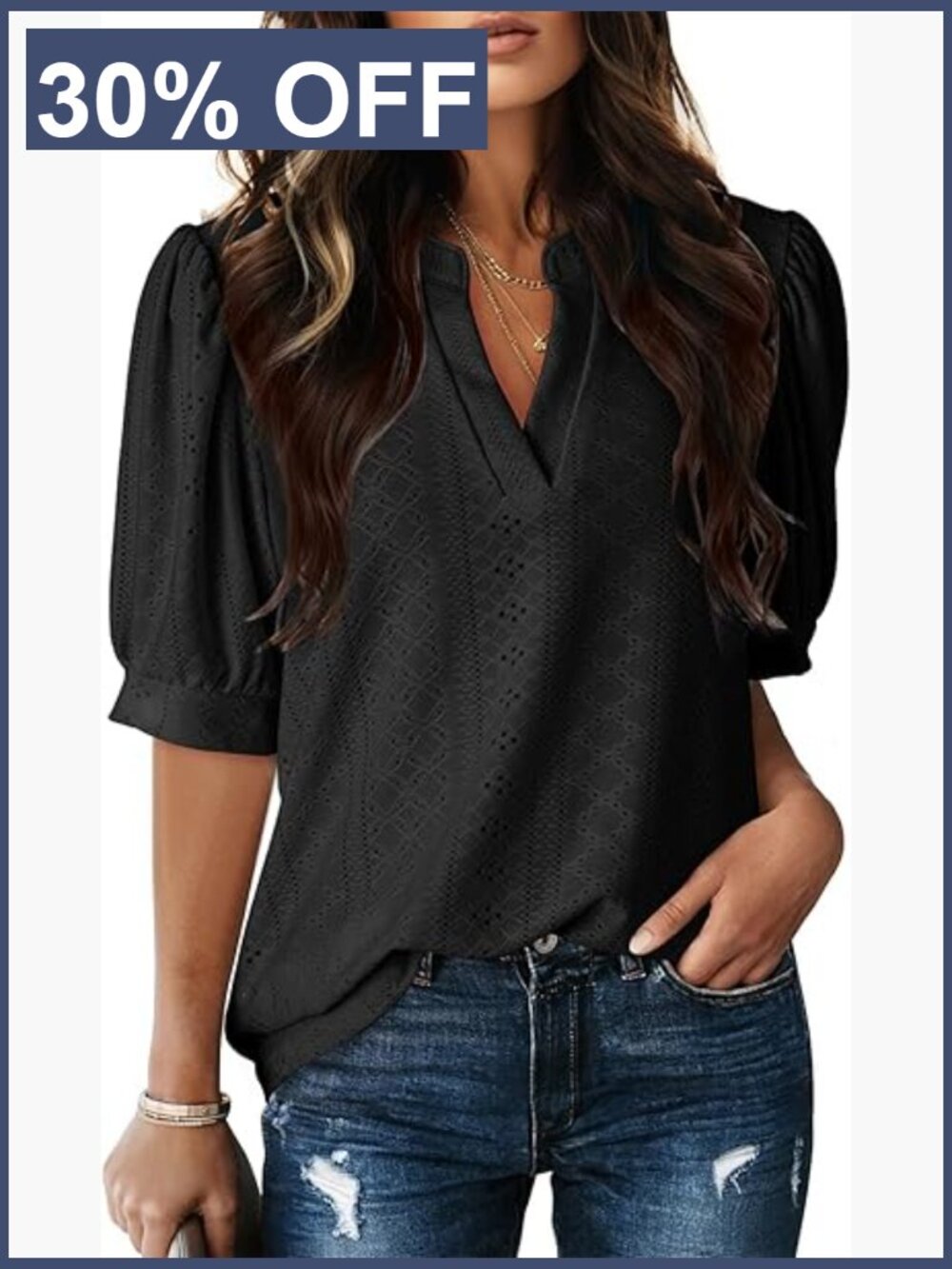 V-Neck Short Sleeve Lace Eyelet Blouse Casual Summer Top